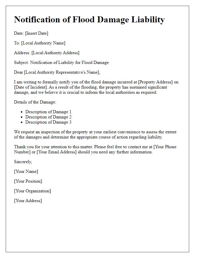 Letter template of flood damage liability notification to local authorities.