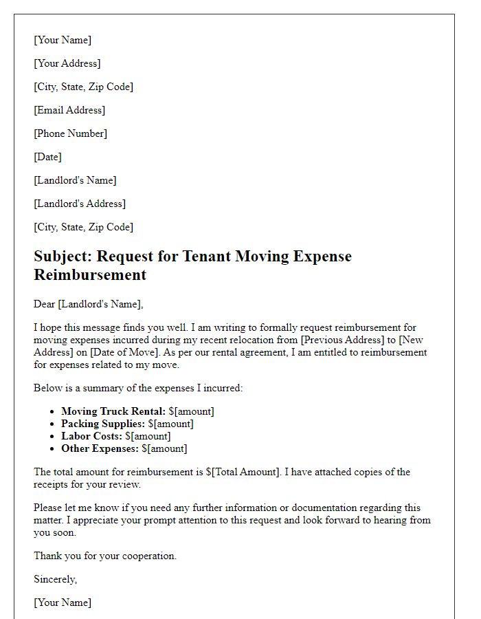 Letter template of Tenant Moving Expense Reimbursement