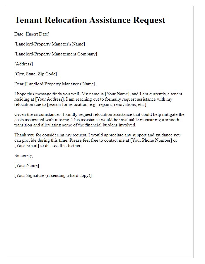 Letter template of Tenant Relocation Assistance Request