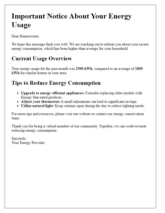 Letter template of high energy usage communication for homeowners