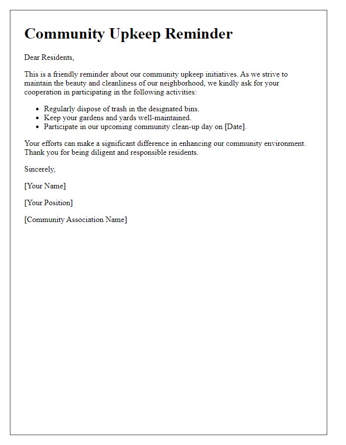 Letter template of community upkeep reminder