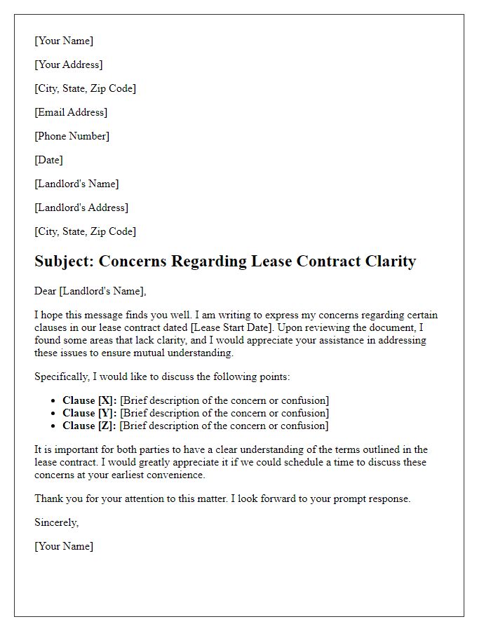 Letter template of concerns regarding lease contract clarity.