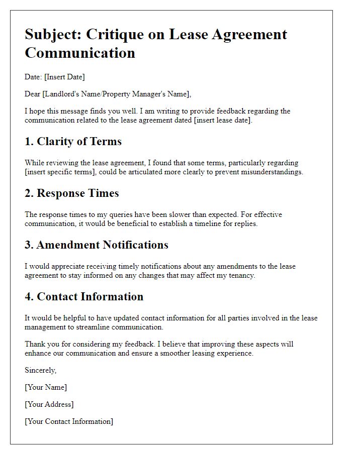 Letter template of critiques on lease agreement communication.