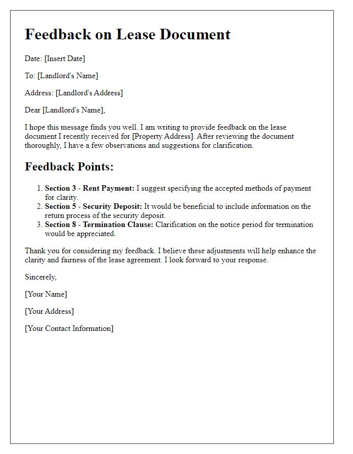 Letter template of feedback on lease document language.