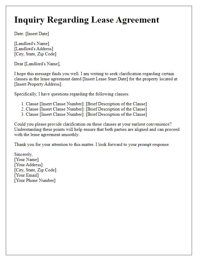 Letter template of inquiries about ambiguous lease clauses.