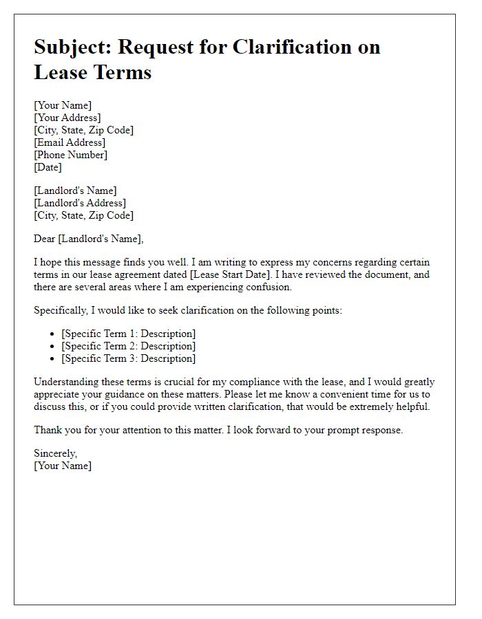 Letter template of issues with understanding lease terms.