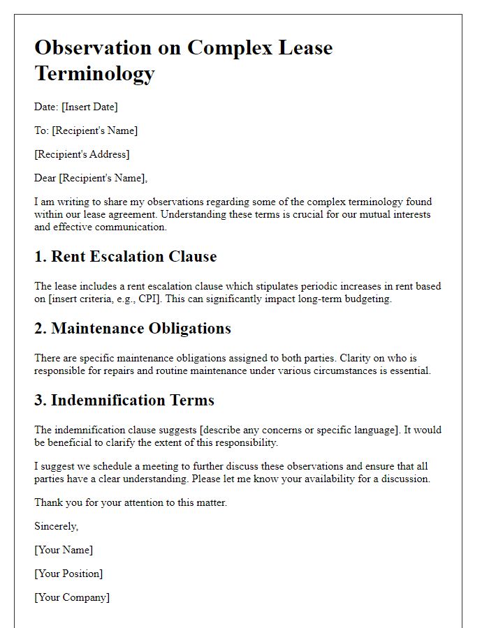 Letter template of observations on complex lease terminology.