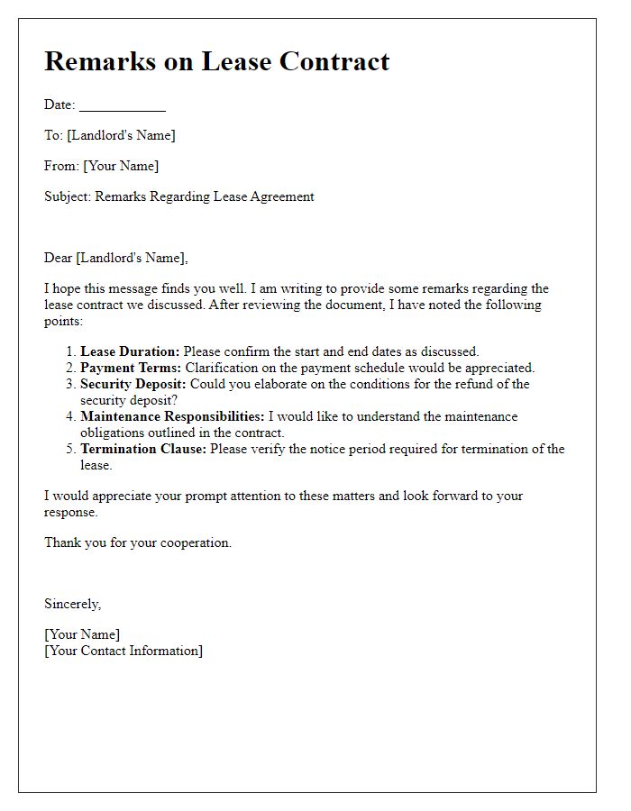 Letter template of remarks about the lease contract format.