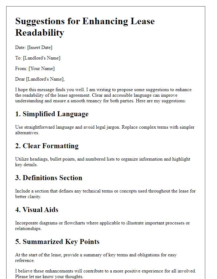 Letter template of suggestions for enhancing lease readability.