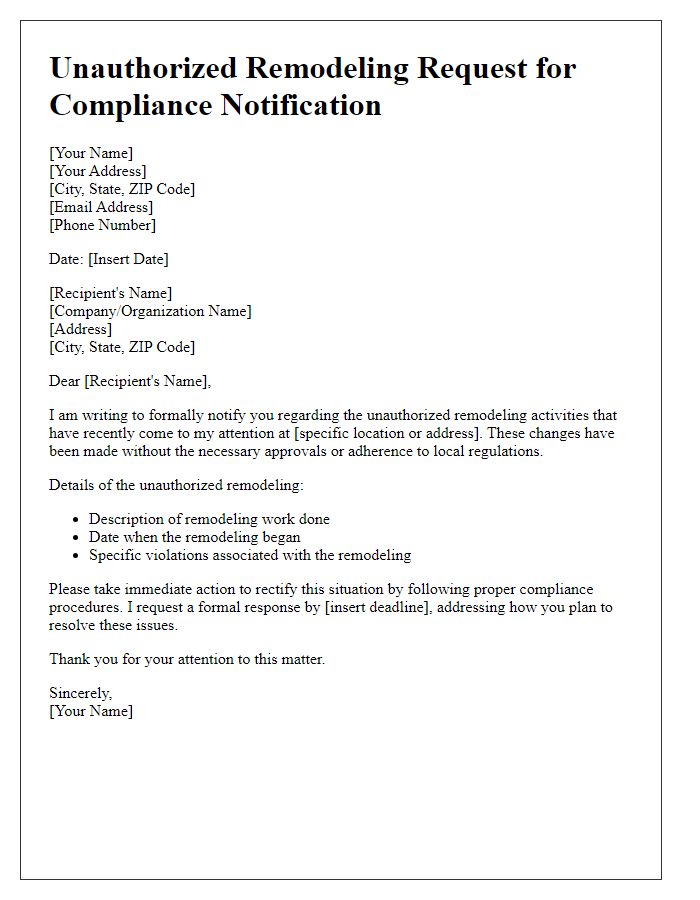 Letter template of Unauthorized Remodeling Request for Compliance Notification