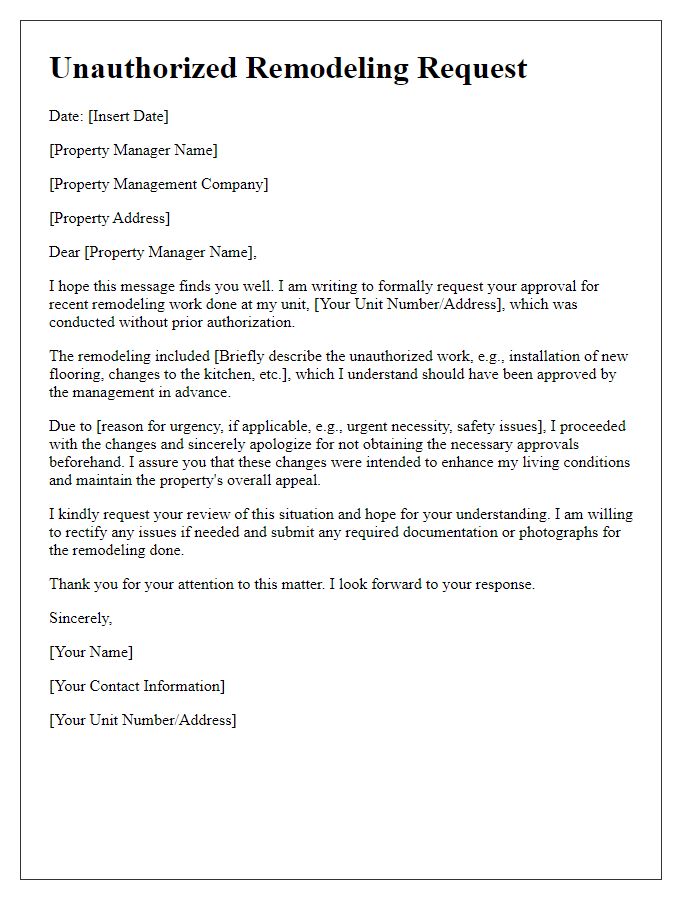 Letter template of Unauthorized Remodeling Request for Property Manager