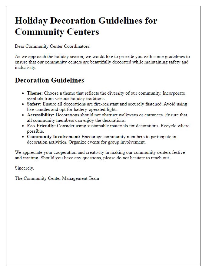 Letter template of holiday decoration guidelines for community centers.