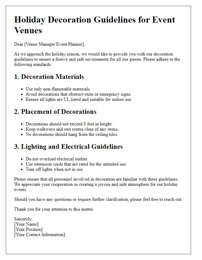 Letter template of holiday decoration guidelines for event venues.