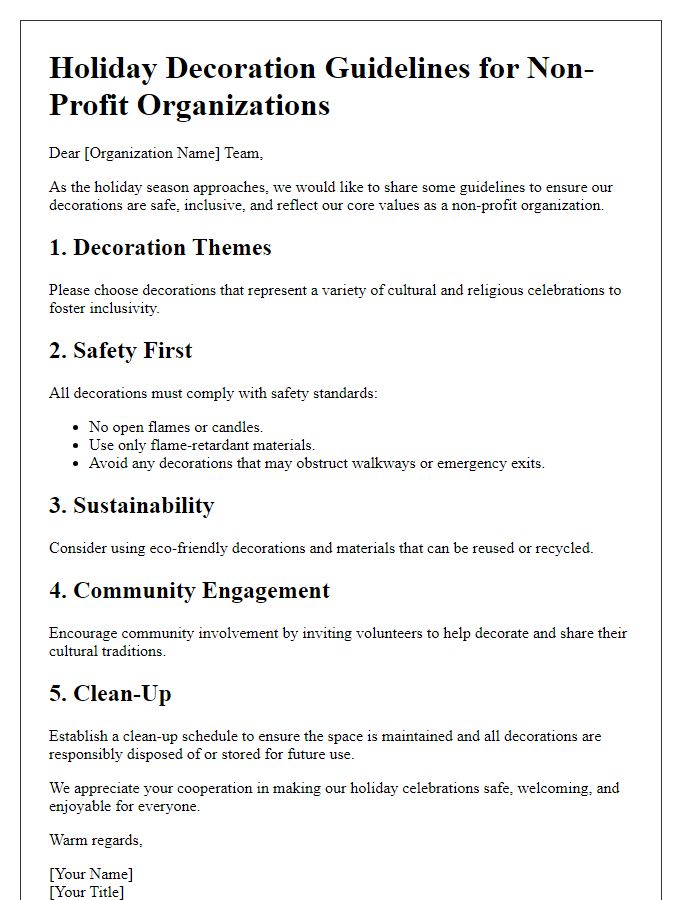 Letter template of holiday decoration guidelines for non-profit organizations.