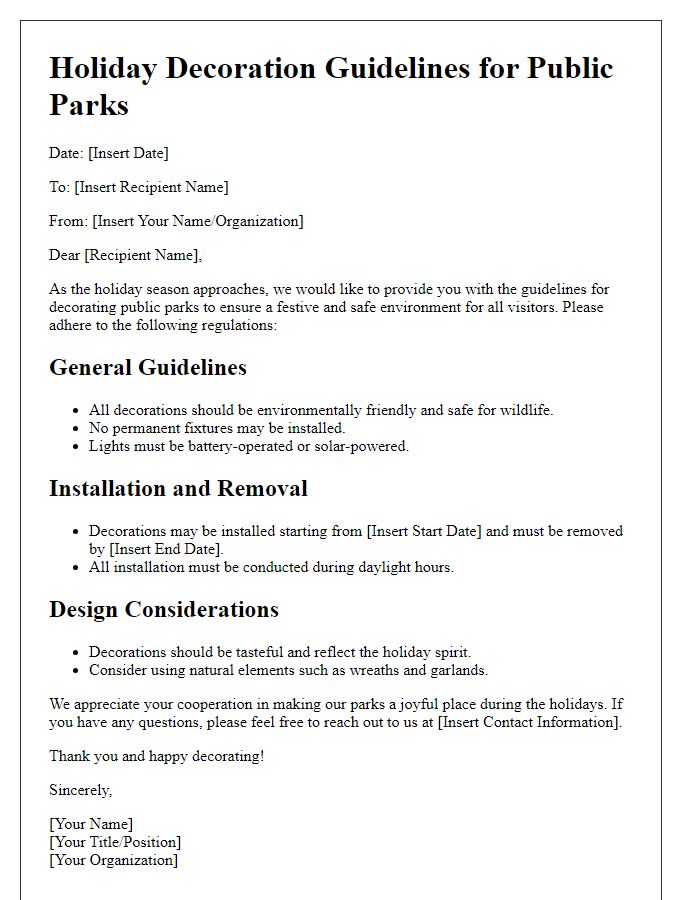 Letter template of holiday decoration guidelines for public parks.