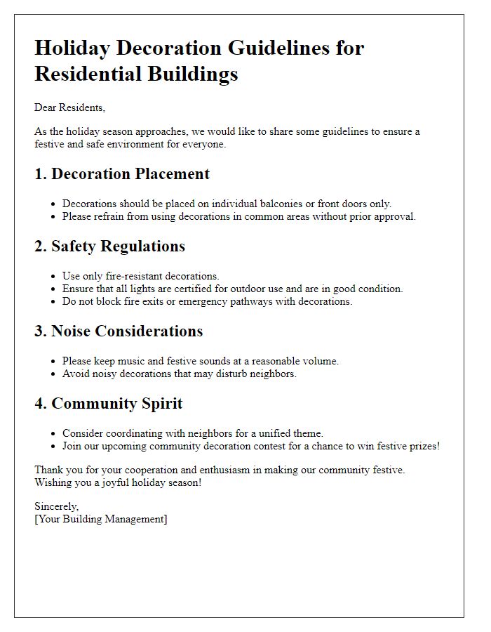 Letter template of holiday decoration guidelines for residential buildings.