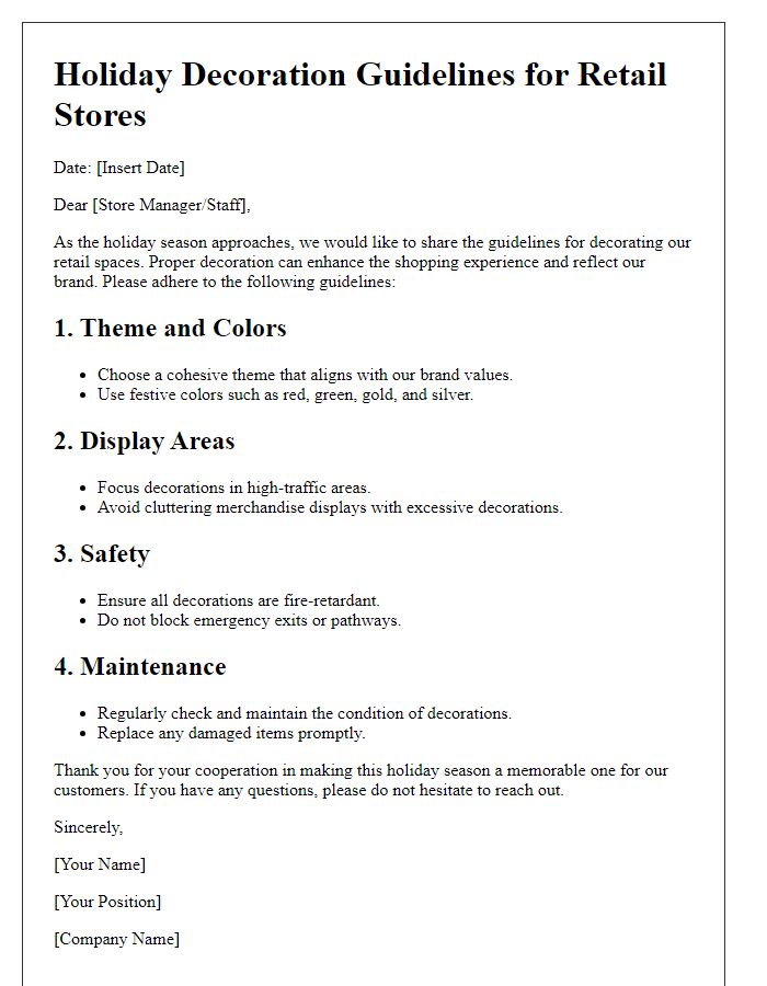 Letter template of holiday decoration guidelines for retail stores.