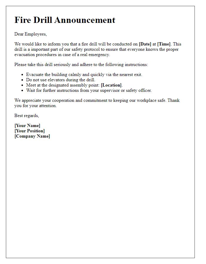 Letter template of fire drill announcement for employees.