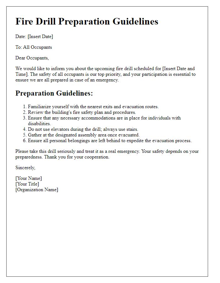 Letter template of fire drill preparation guidelines for occupants.