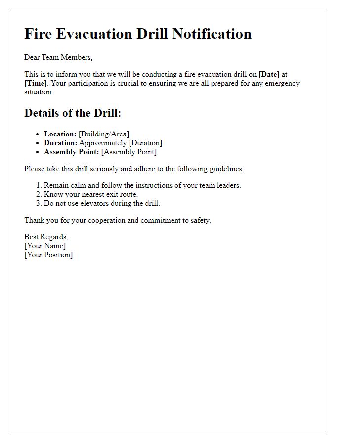 Letter template of fire evacuation drill details for team members.