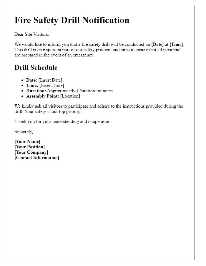 Letter template of fire safety drill schedule for site visitors.