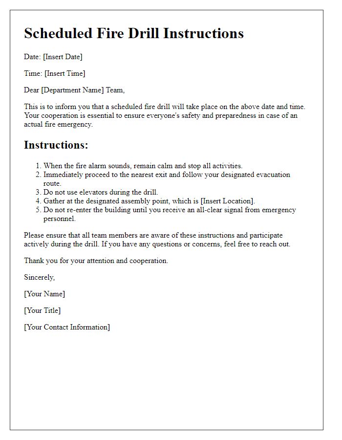 Letter template of scheduled fire drill instructions for departments.