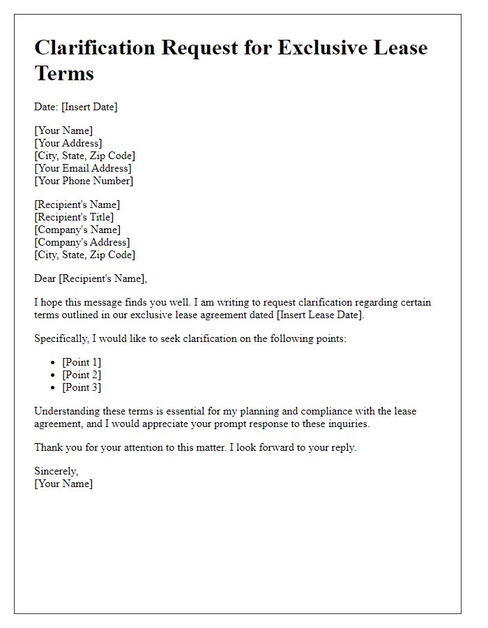 Letter template of clarification request for exclusive lease terms