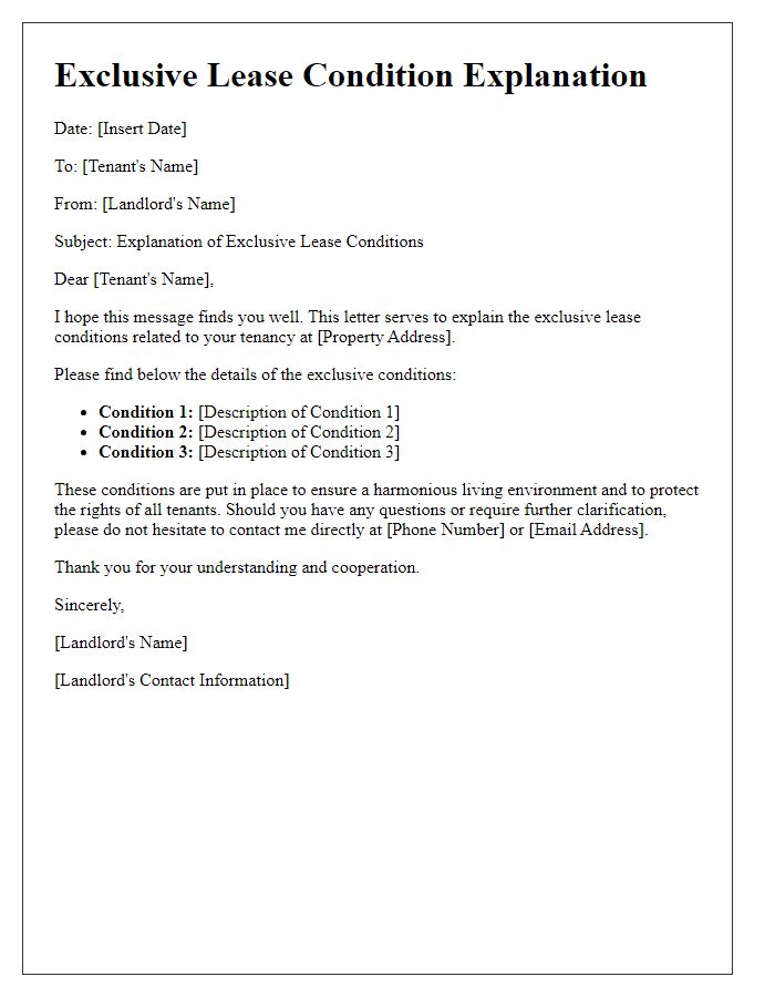 Letter template of exclusive lease condition explanation