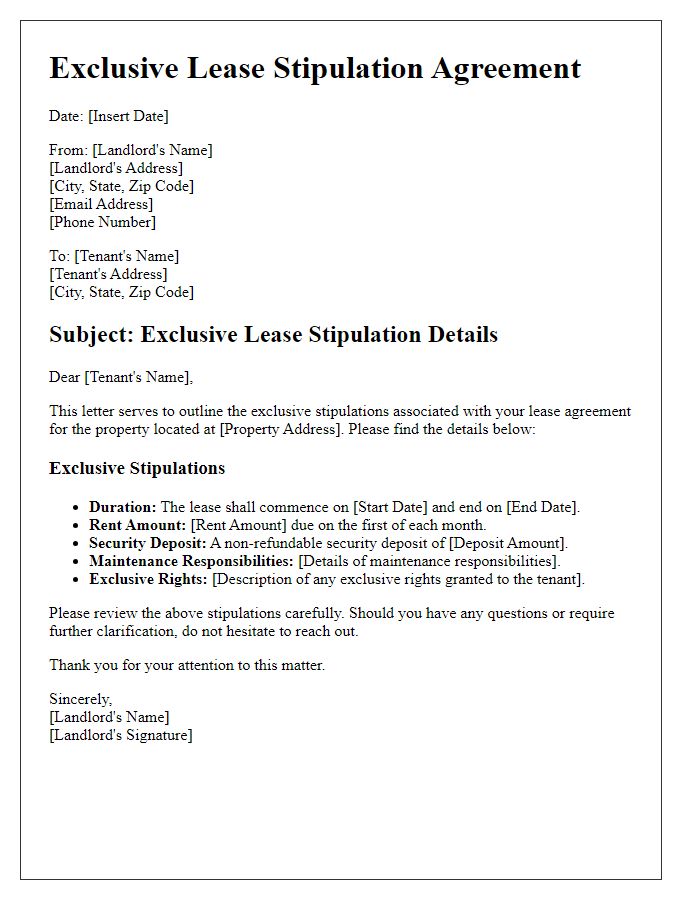 Letter template of exclusive lease stipulation details