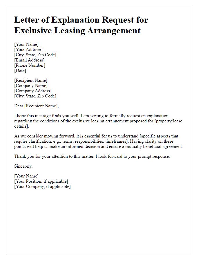 Letter template of explanation request for exclusive leasing arrangement