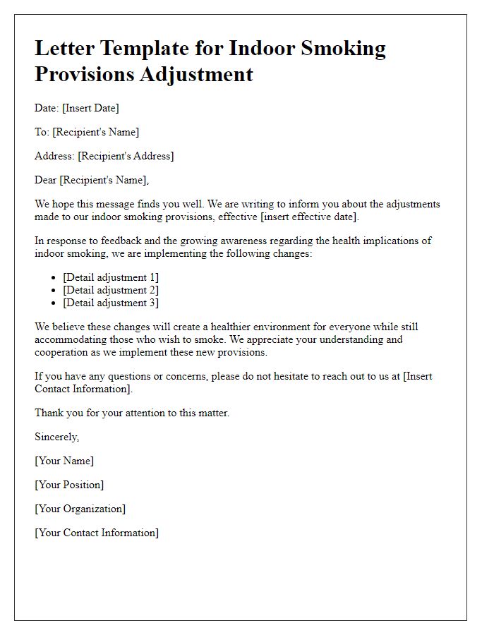 Letter template of indoor smoking provisions adjustment