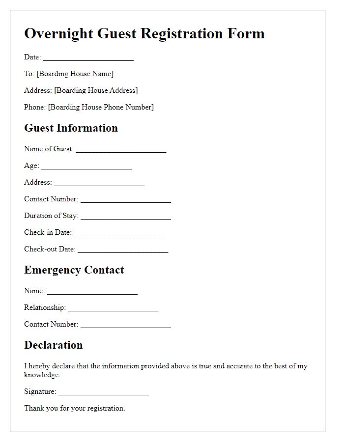 Letter template of overnight guest registration for boarding houses