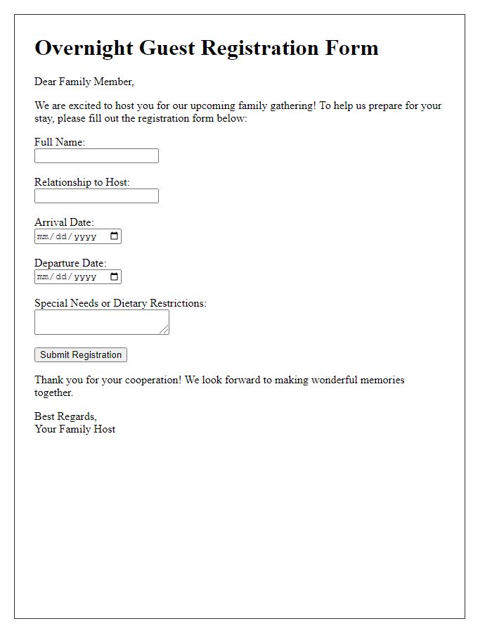 Letter template of overnight guest registration for family gatherings