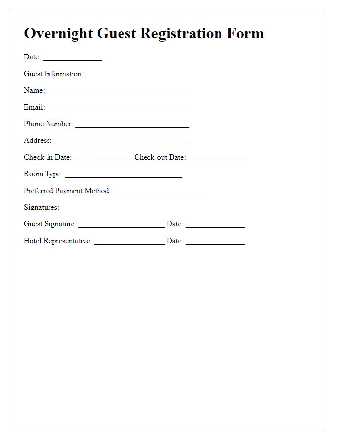 Letter template of overnight guest registration form for hotels