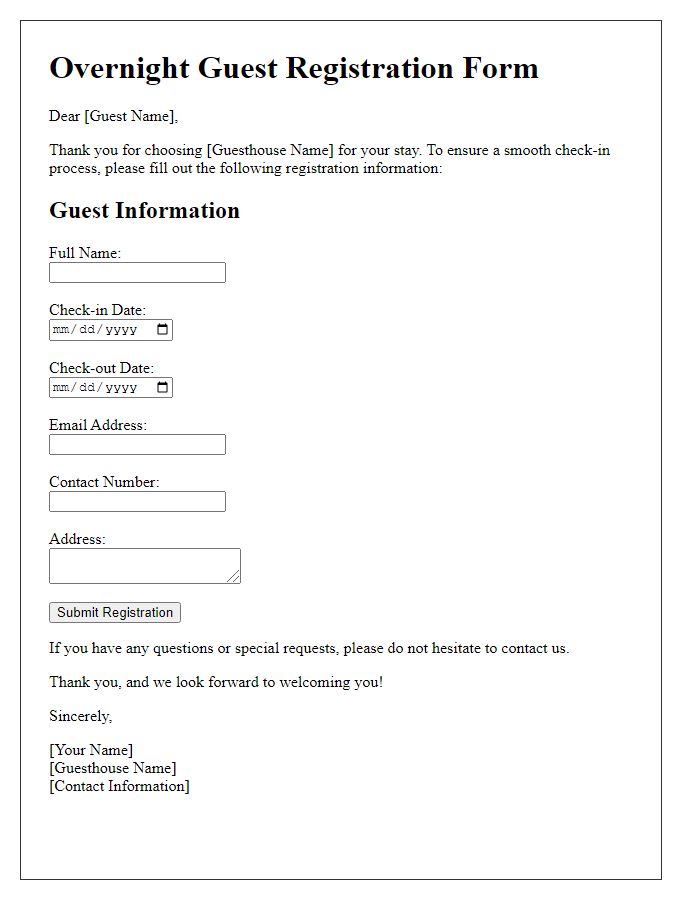 Letter template of overnight guest registration for guesthouses