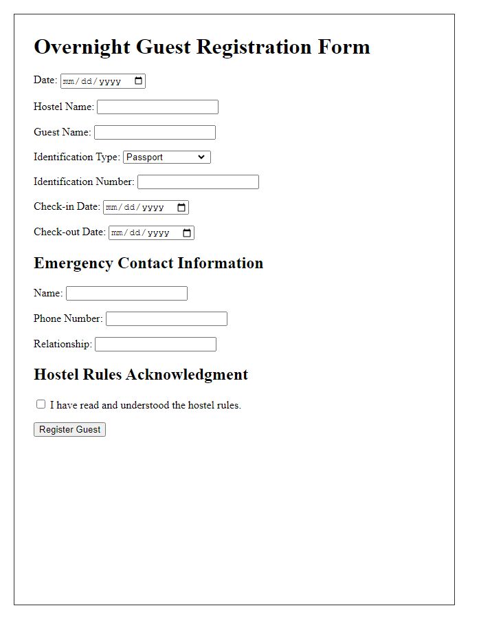 Letter template of overnight guest registration for hostels