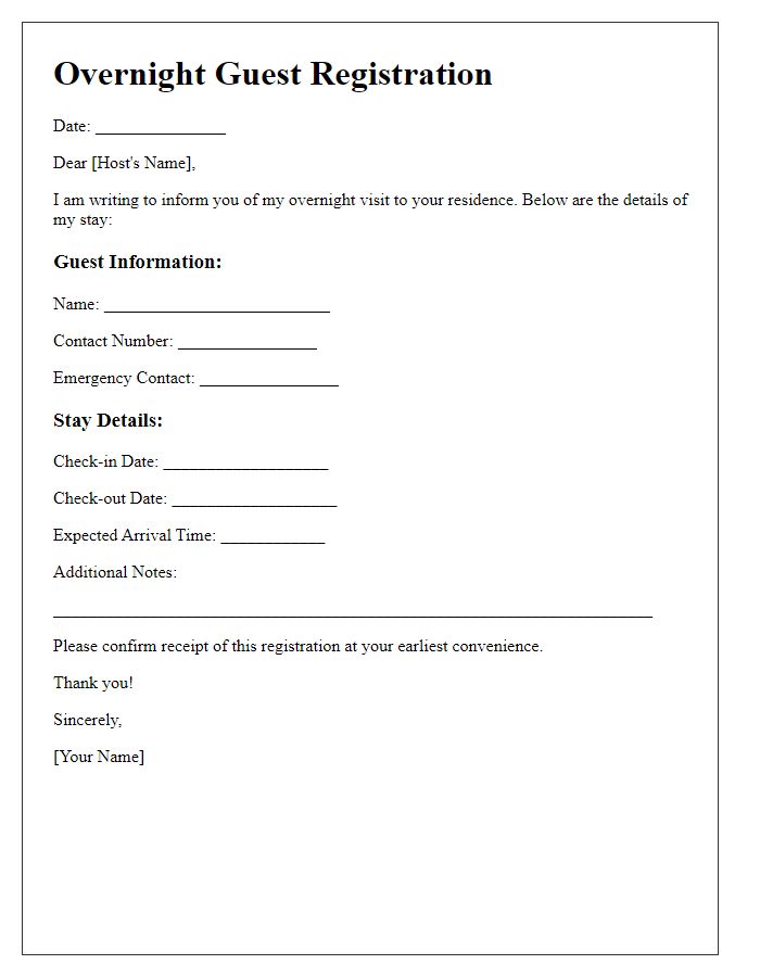 Letter template of overnight guest registration for private residences