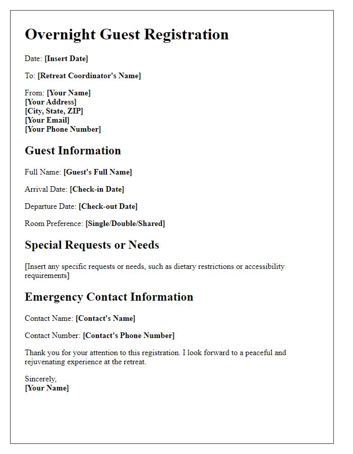 Letter template of overnight guest registration for retreats