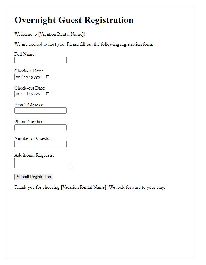 Letter template of overnight guest registration for vacation rentals