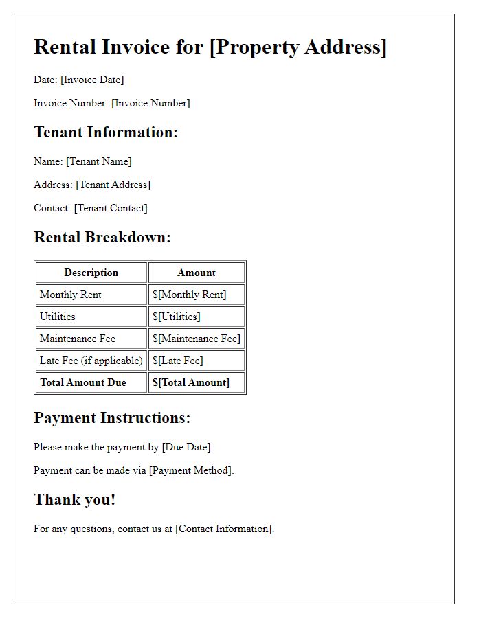 Letter template of comprehensive rental invoice breakdown