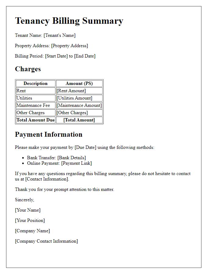 Letter template of detailed tenancy billing summary