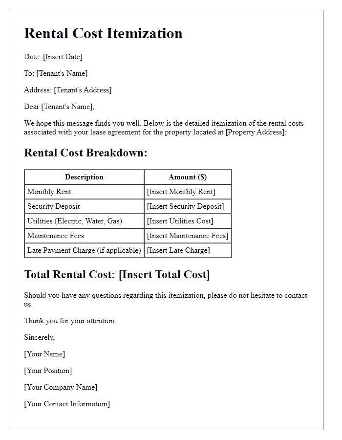 Letter template of exhaustive rental cost itemization