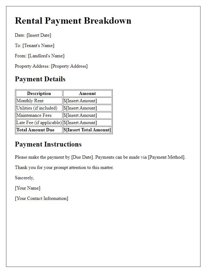 Letter template of rental payment breakdown