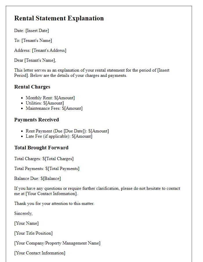 Letter template of rental statement explanation