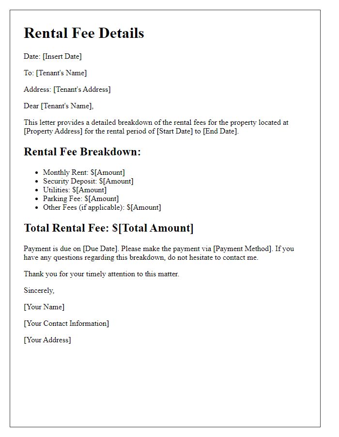 Letter template of thorough rental fee details