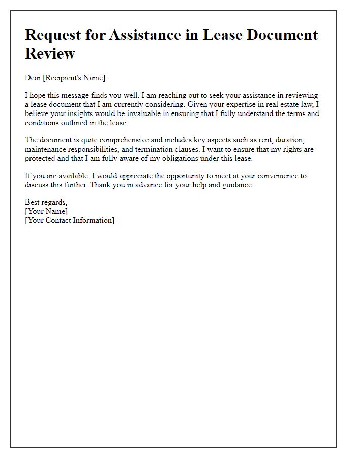 Letter template of assistance needed for lease document review