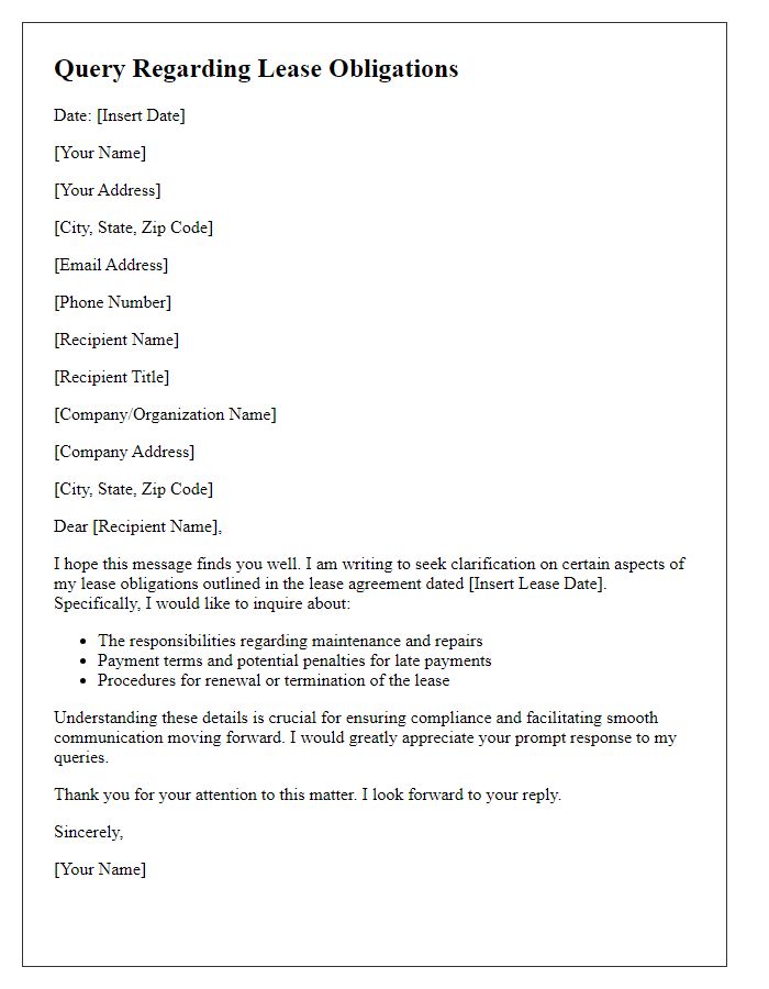 Letter template of query for understanding lease obligations