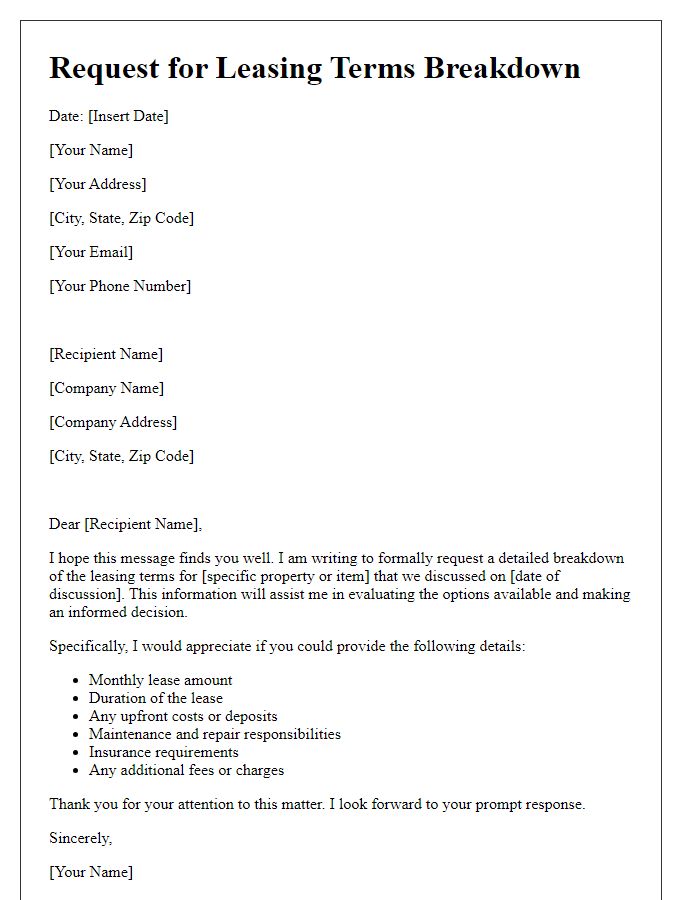 Letter template of request for leasing terms breakdown