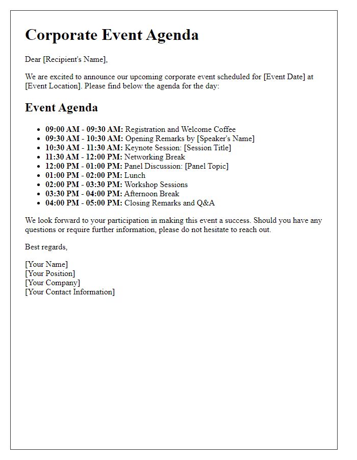 Letter template of corporate event agenda distribution