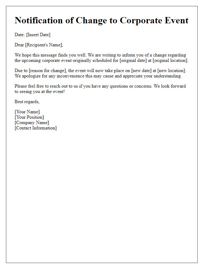 Letter template of corporate event change notification